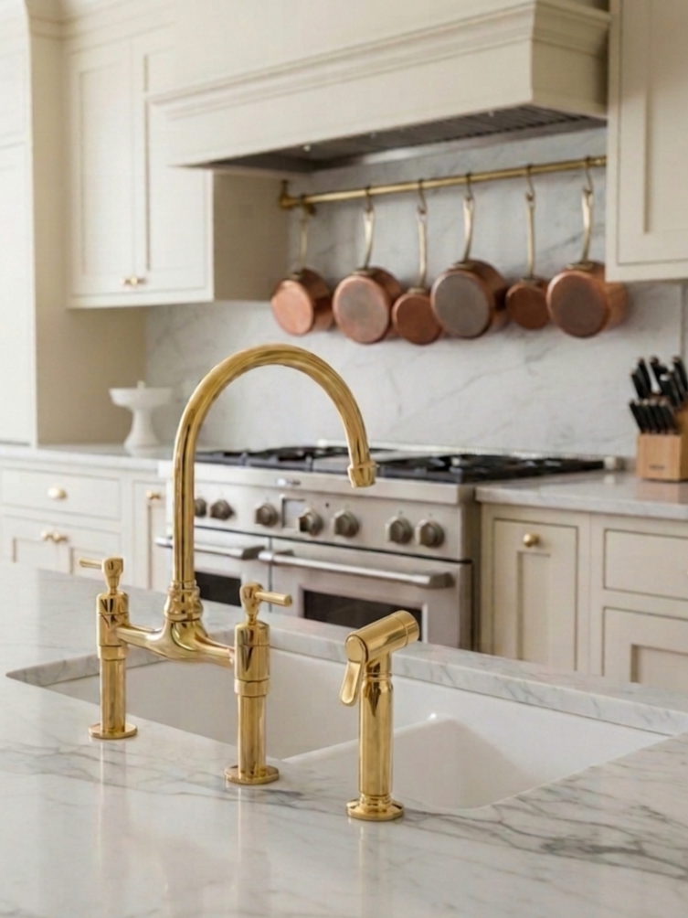 Unlacquered brass bridge kitchen faucet with side sprayer installed on a white marble countertop in a classic luxury kitchen.