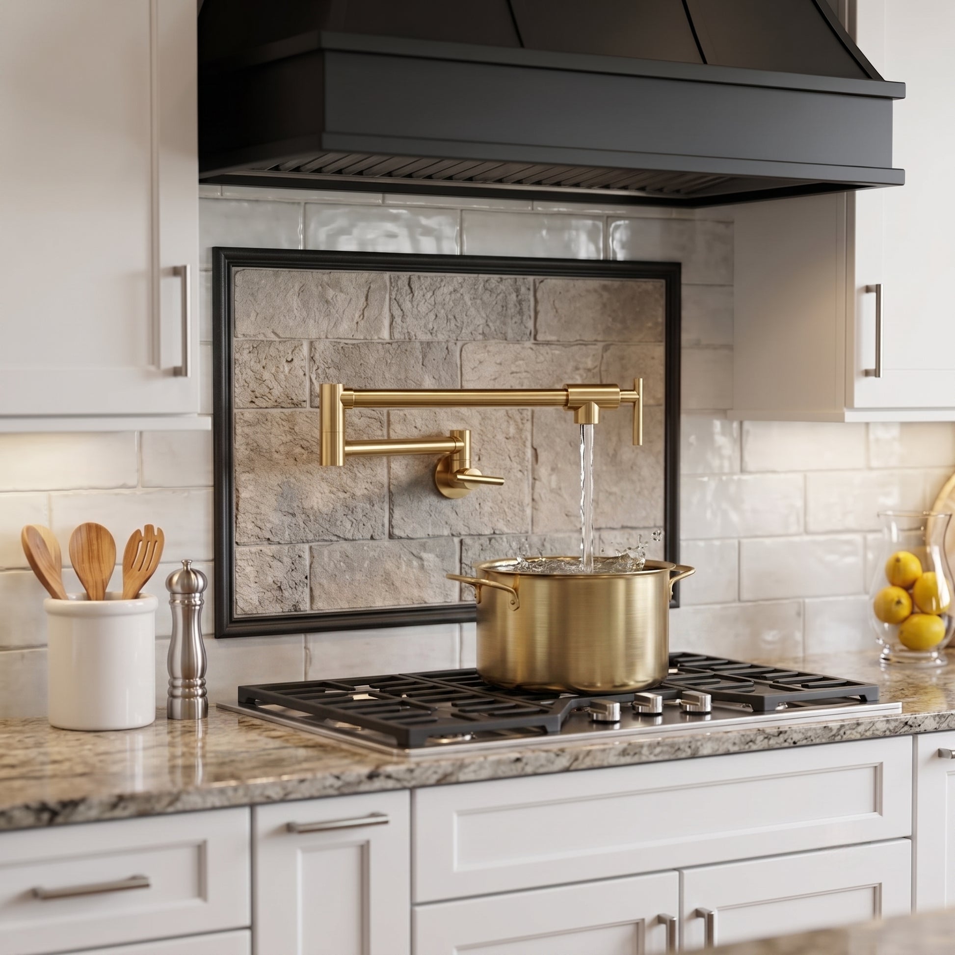 Solid unlacquered brass pot filler faucet filling a large stock pot on a professional gas range in a luxury white kitchen with stone backsplash.