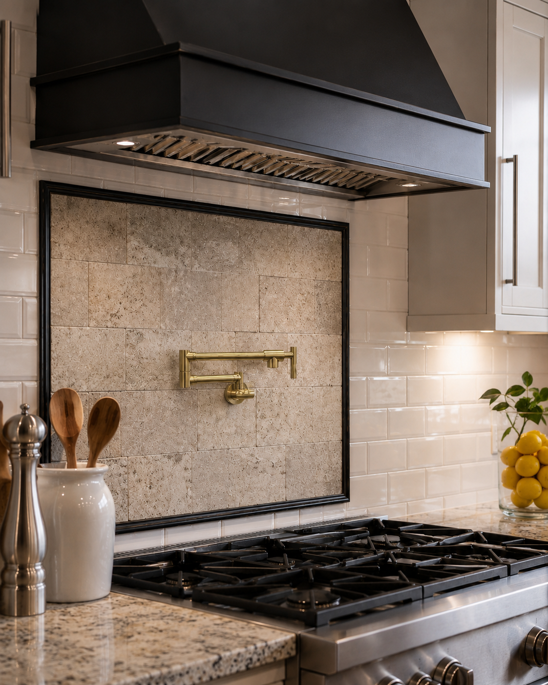 Wall-mounted unlacquered brass pot filler faucet installed above a professional gas range in a luxury kitchen.