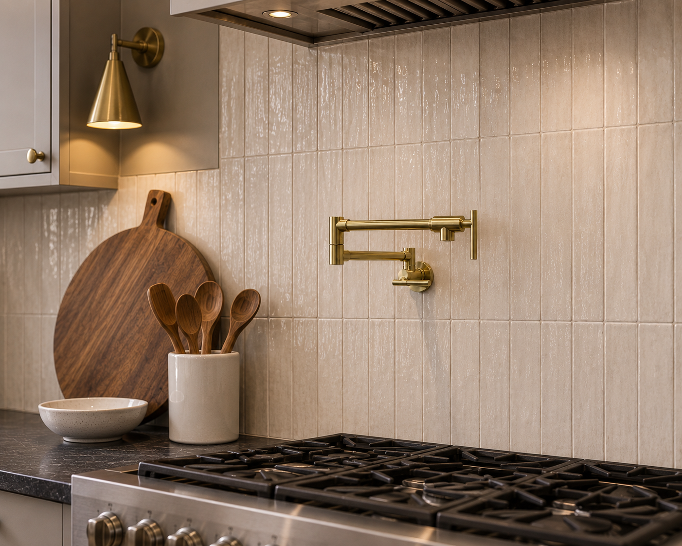Handmade solid brass wall-mounted pot filler faucet with articulated swing arm installed above a gas cooktop in a luxury kitchen.