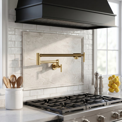 Luxury unlacquered brass wall-mounted pot filler installed above a professional range with a white stone backsplash, black hood, and modern kitchen styling.