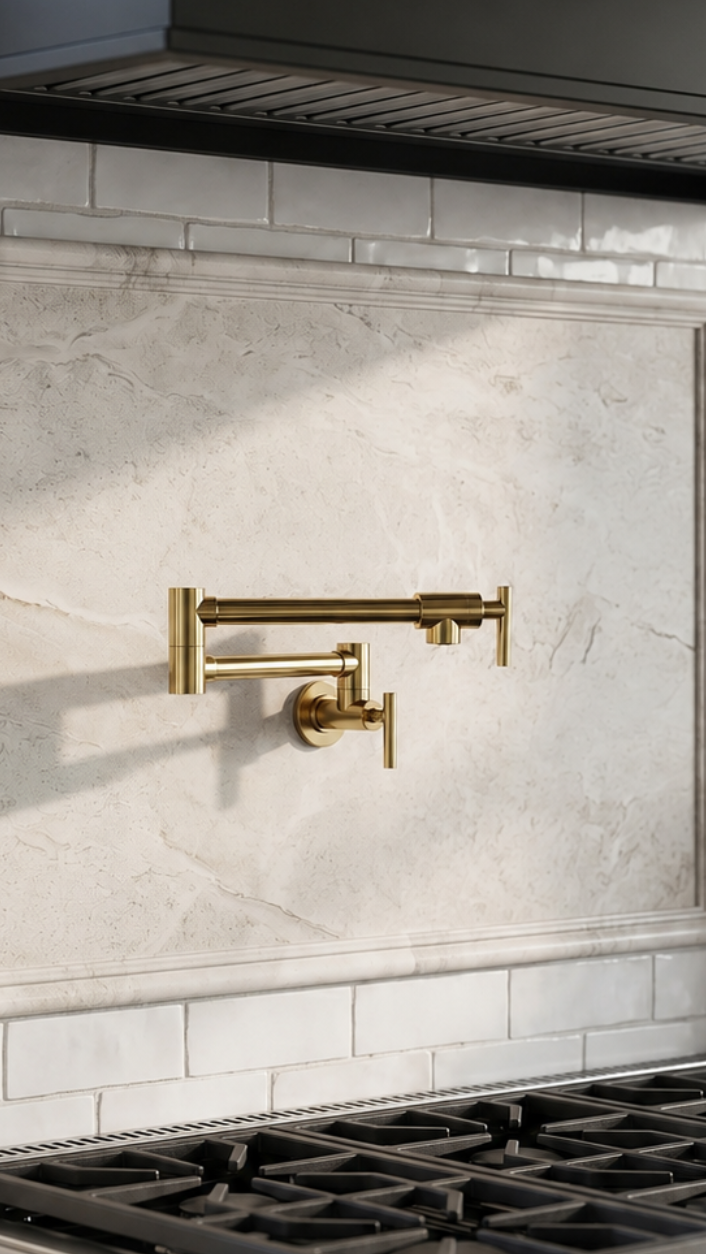 Luxury unlacquered brass wall-mounted pot filler installed above a professional range with a white stone backsplash, black hood, and modern kitchen styling.