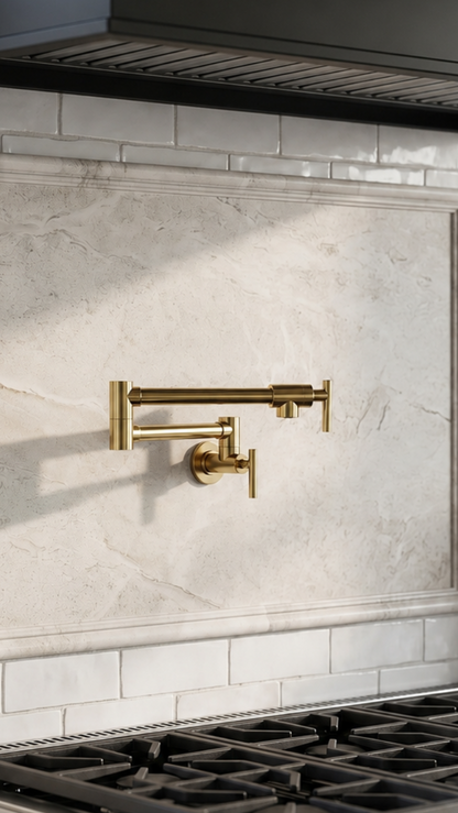 Luxury unlacquered brass wall-mounted pot filler installed above a professional range with a white stone backsplash, black hood, and modern kitchen styling.