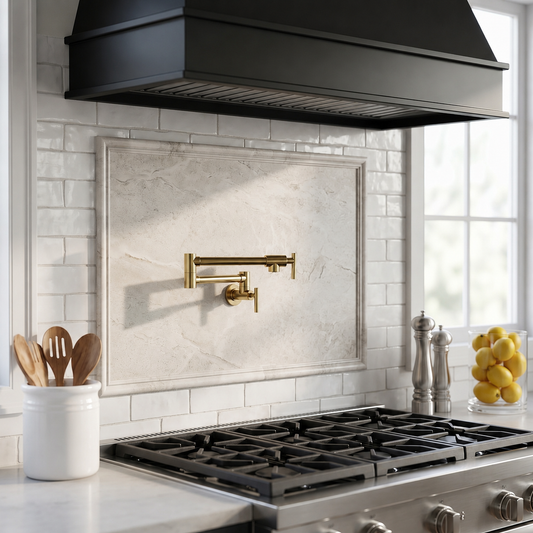 Luxury unlacquered brass wall-mounted pot filler installed above a professional range with a white stone backsplash, black hood, and modern kitchen styling.