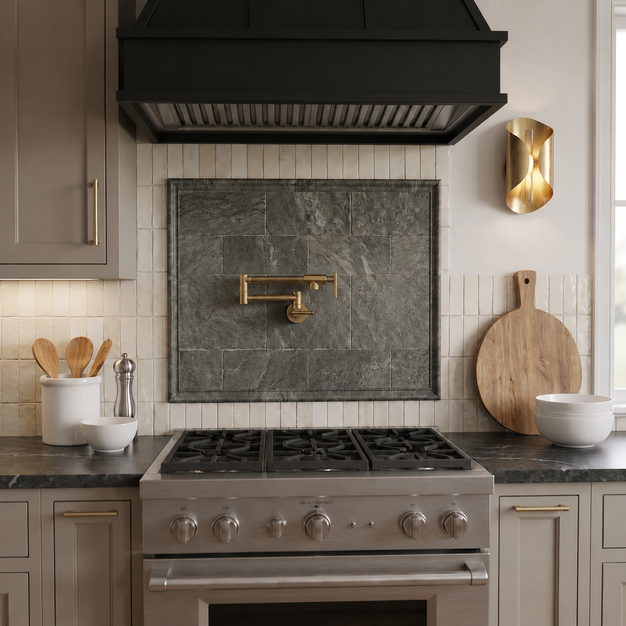 Solid brass wall-mounted pot filler faucet in a dark slate tile backsplash, a black range hood, a stainless steel gas range, and warm brass fixtures and hardware