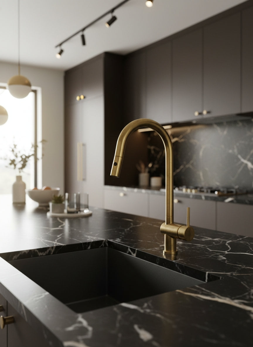 Unlacquered brass pull-down kitchen faucet installed on a black marble countertop in a contemporary luxury kitchen.