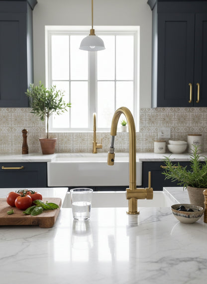 Unlacquered brass pull-down kitchen faucet with spray head installed on a white marble countertop in a bright farmhouse kitchen.
