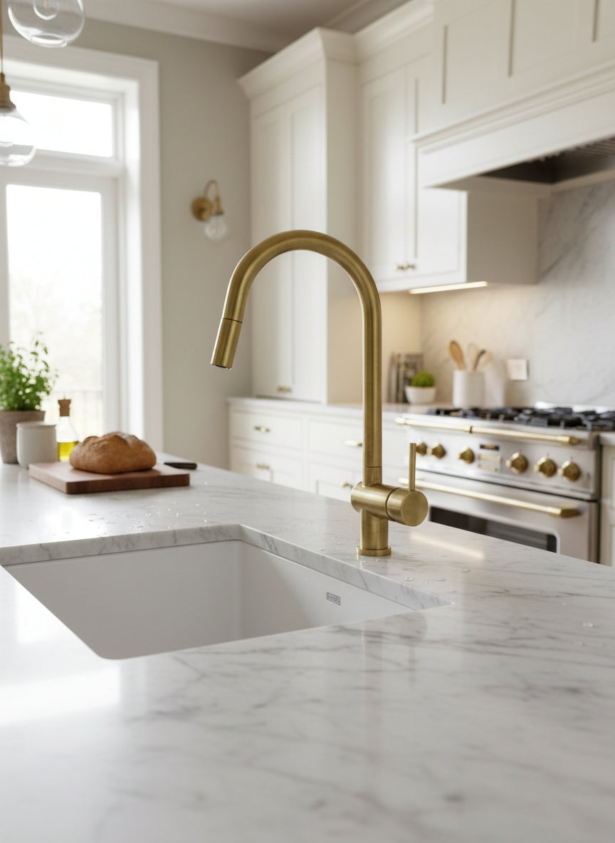 Unlacquered brass pull-down kitchen faucet installed on a white marble island in a luxury white kitchen.