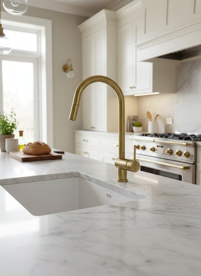 Unlacquered brass pull-down kitchen faucet installed on a white marble island in a luxury white kitchen.