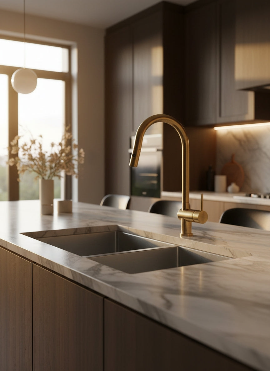 Unlacquered brass pull-down kitchen faucet installed on a marble countertop in a modern designer kitchen with warm lighting.