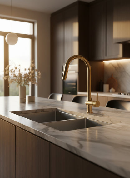 Unlacquered brass pull-down kitchen faucet installed on a marble countertop in a modern designer kitchen with warm lighting.