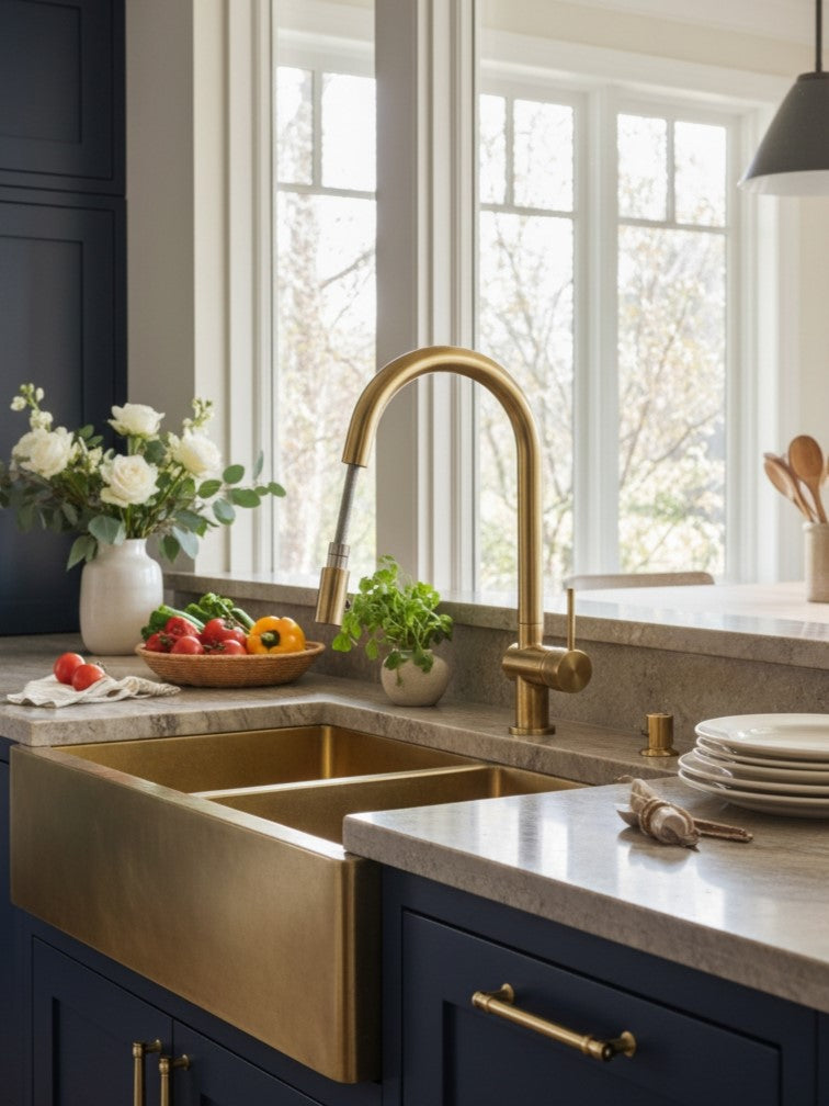 Unlacquered brass pull-down kitchen faucet with pull-out sprayer installed beside a brass farmhouse sink in a bright kitchen.