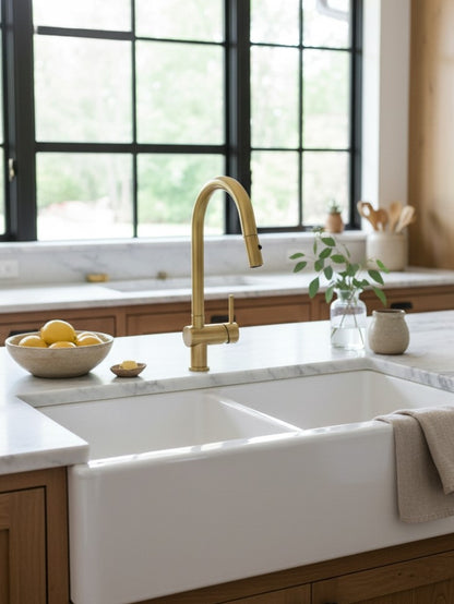 Unlacquered brass pull-down kitchen faucet installed on a white farmhouse sink with marble countertop and large windows.