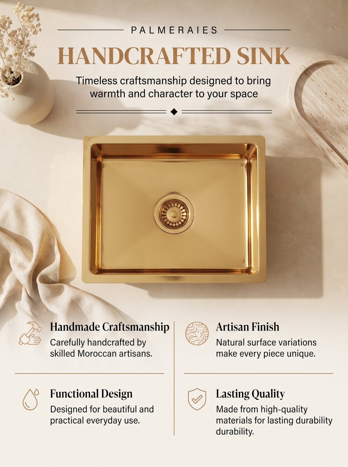 Palmeraies handcrafted sink poster featuring a top view of a polished brass basin and highlighting craftsmanship, finish, design, and quality.
