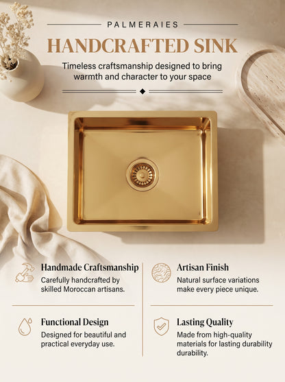 Palmeraies handcrafted sink poster featuring a top view of a polished brass basin and highlighting craftsmanship, finish, design, and quality.