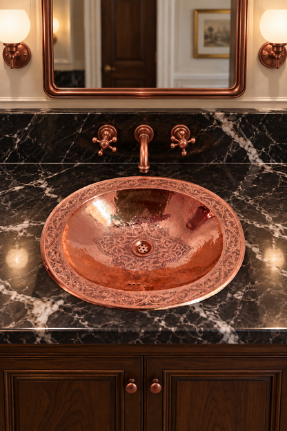 Oval shaped engraved copper sink in a black marble vanity with matching copper faucet, mirror frame, and wall sconces.