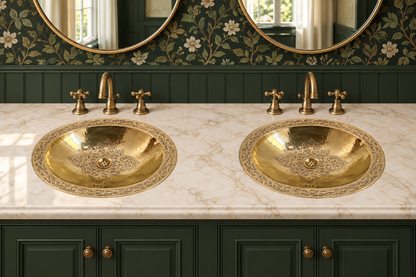 Two round engraved brass sinks in a cream marble double vanity with brass faucets, green cabinets, floral wallpaper, and round mirrors.