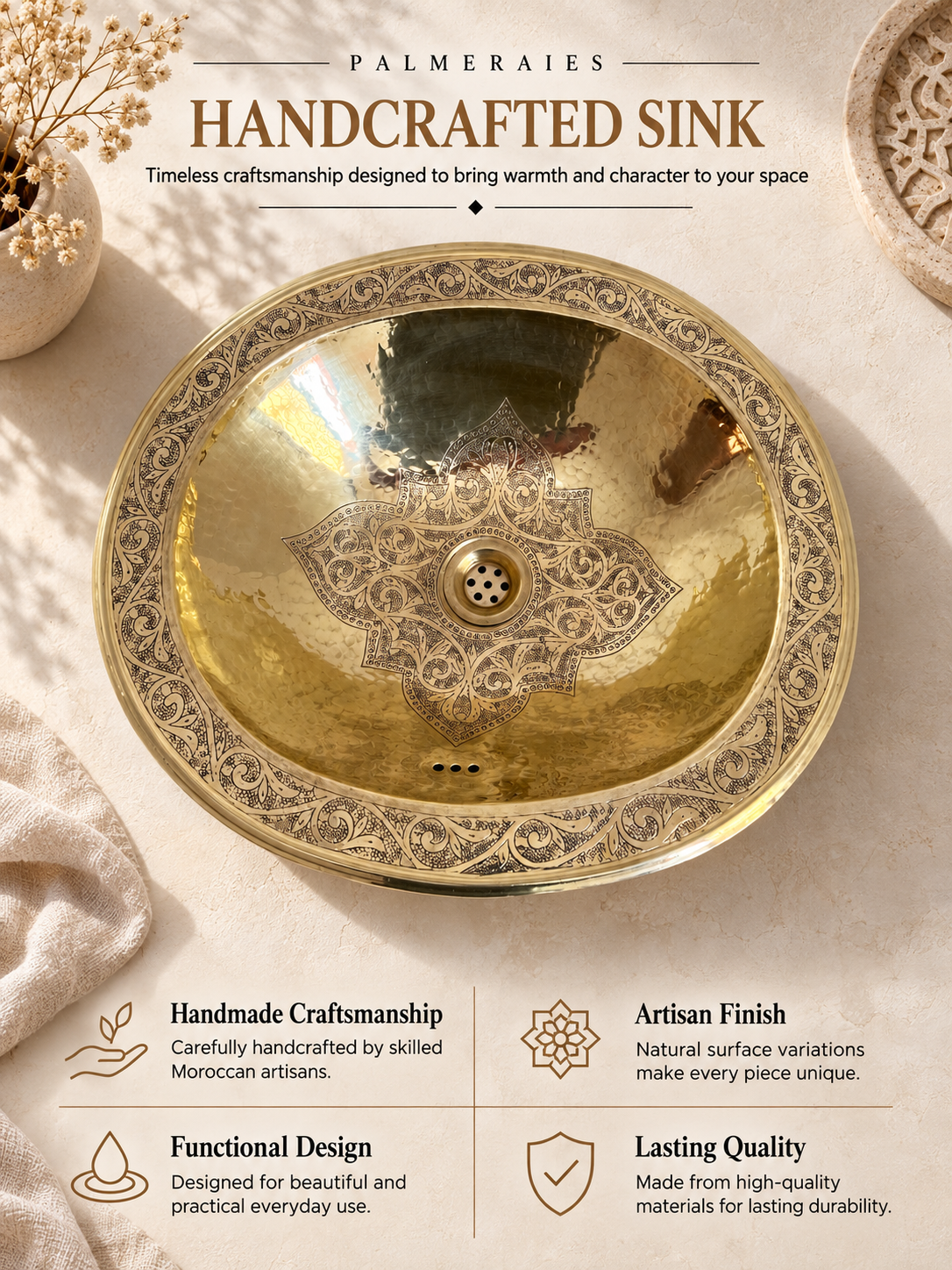 Palmeraies poster showing an oval engraved brass sink and highlighting handmade craftsmanship, artisan finish, functional design, and lasting quality.