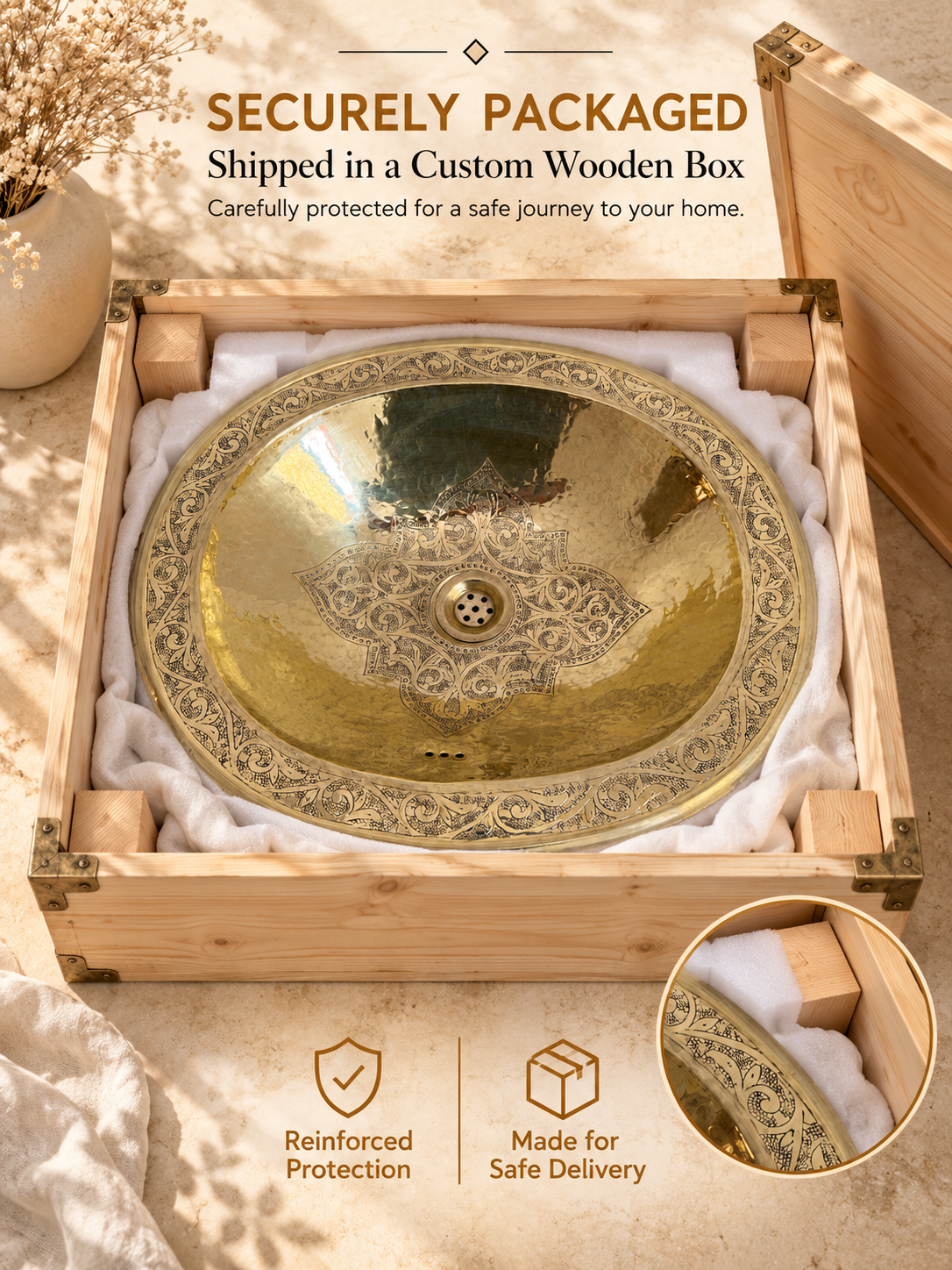 oval engraved brass sink cushioned with fabric and foam in an open wooden shipping box, with text highlighting secure packaging and safe delivery.
