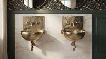 Two brass wall-mounted sinks with matching faucets and exposed drainpipes against white marble, framed by dark green paneling.