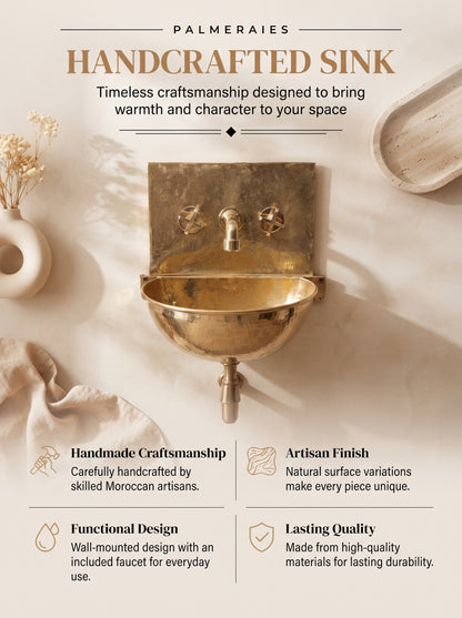 Palmeraies handcrafted sink poster featuring an unlacquered brass wall-mounted basin and highlighting craftsmanship, finish, design, and durability.