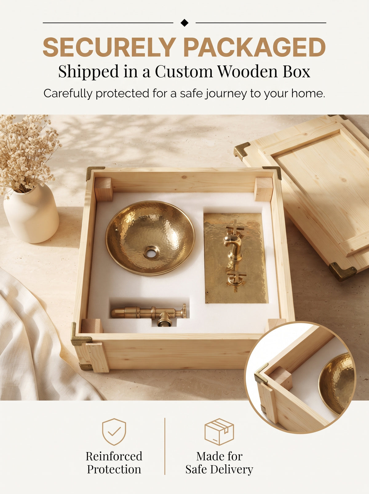 Brass sink and faucet components nestled in fitted protective foam inside a wooden shipping box, beneath “Securely Packaged” text.