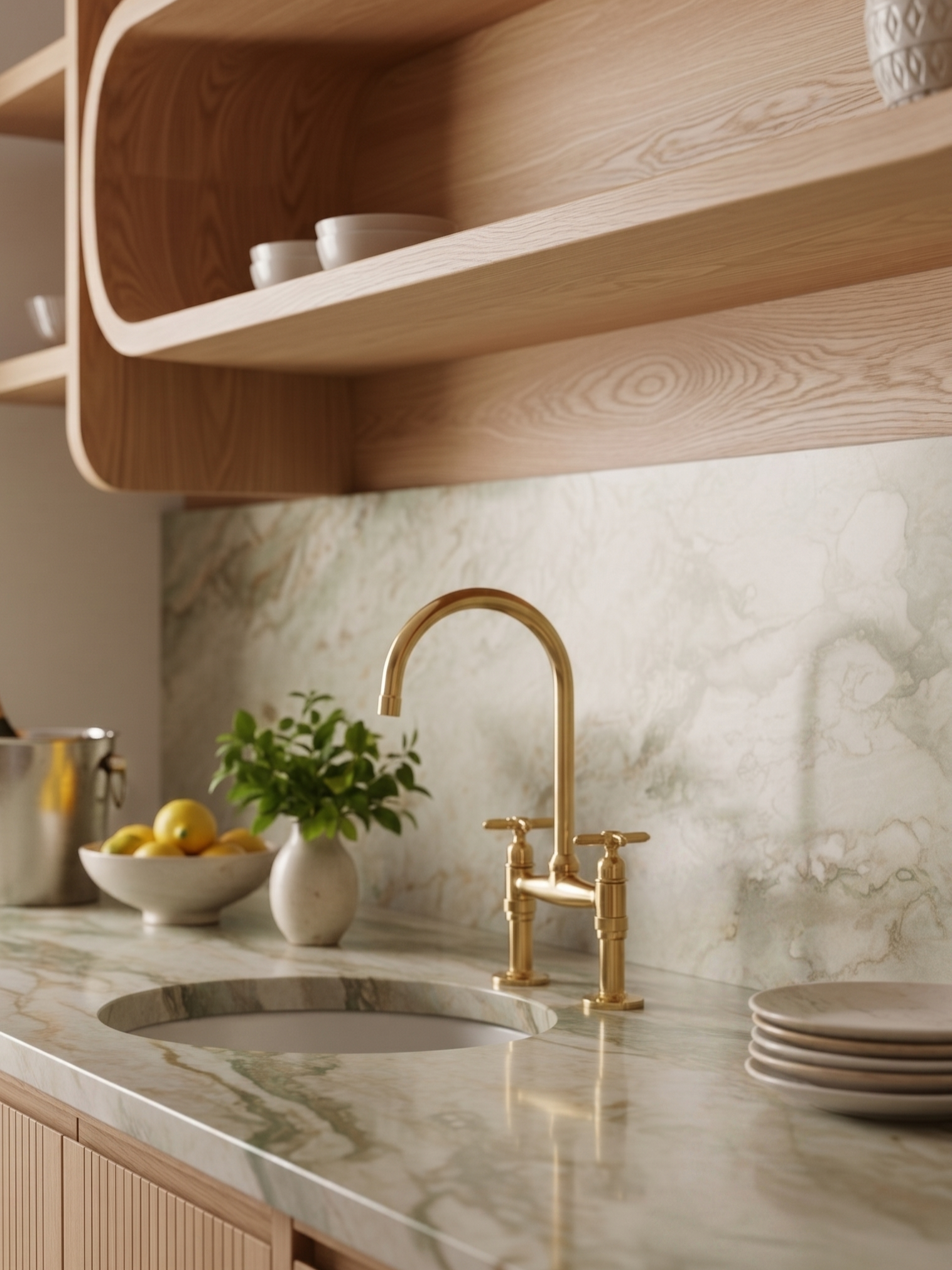 Polished unlacquered brass bridge kitchen faucet on a green marble countertop with natural wood cabinetry and open shelving.