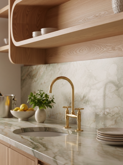 Polished unlacquered brass bridge kitchen faucet on a green marble countertop with natural wood cabinetry and open shelving.