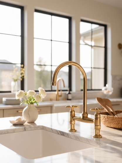 Polished unlacquered brass bridge kitchen faucet installed on a white marble countertop in a bright kitchen with black-framed windows.