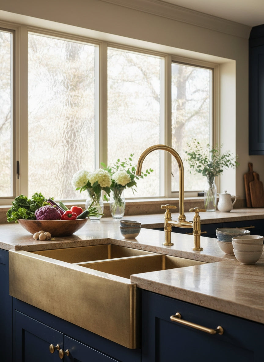 Polished unlacquered brass bridge kitchen faucet paired with a brass farmhouse sink and blue shaker cabinets in a luxury kitchen.