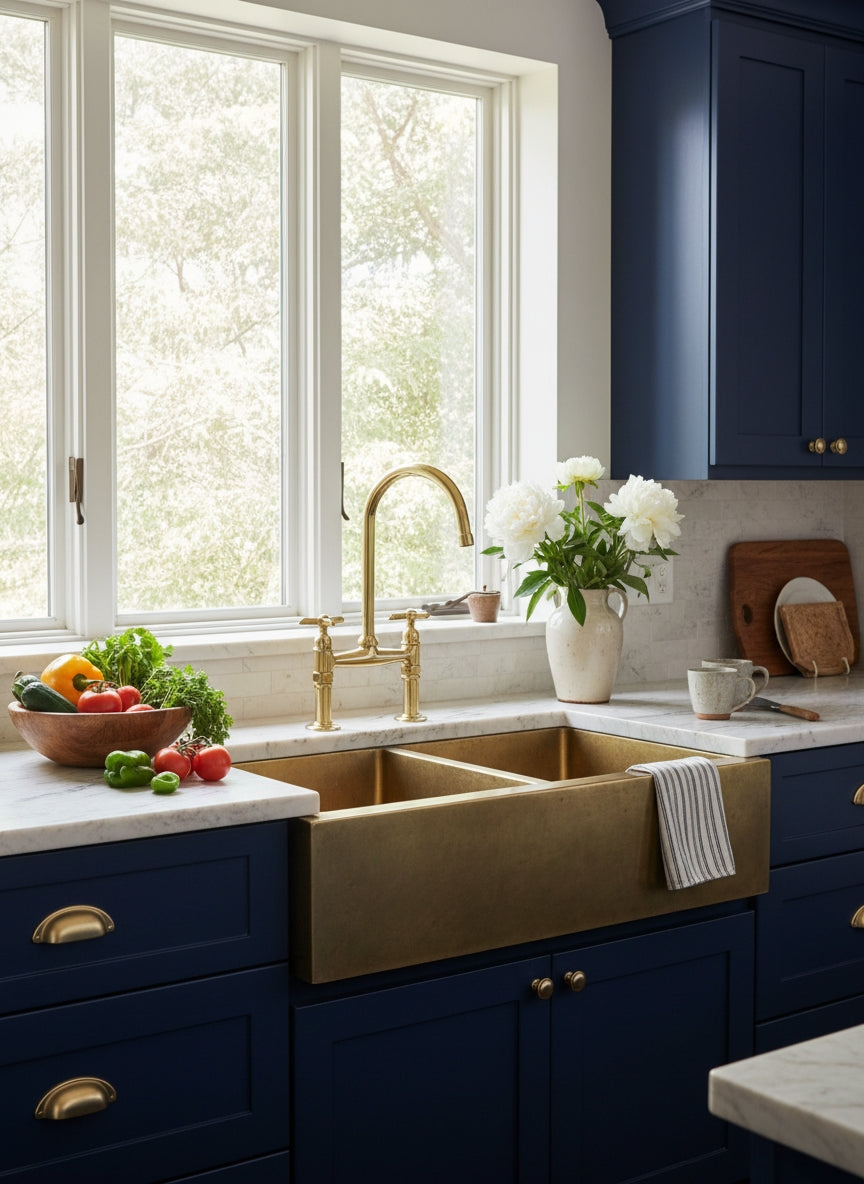 Polished unlacquered brass bridge kitchen faucet installed above a brass farmhouse sink with blue cabinetry and white marble countertops.
