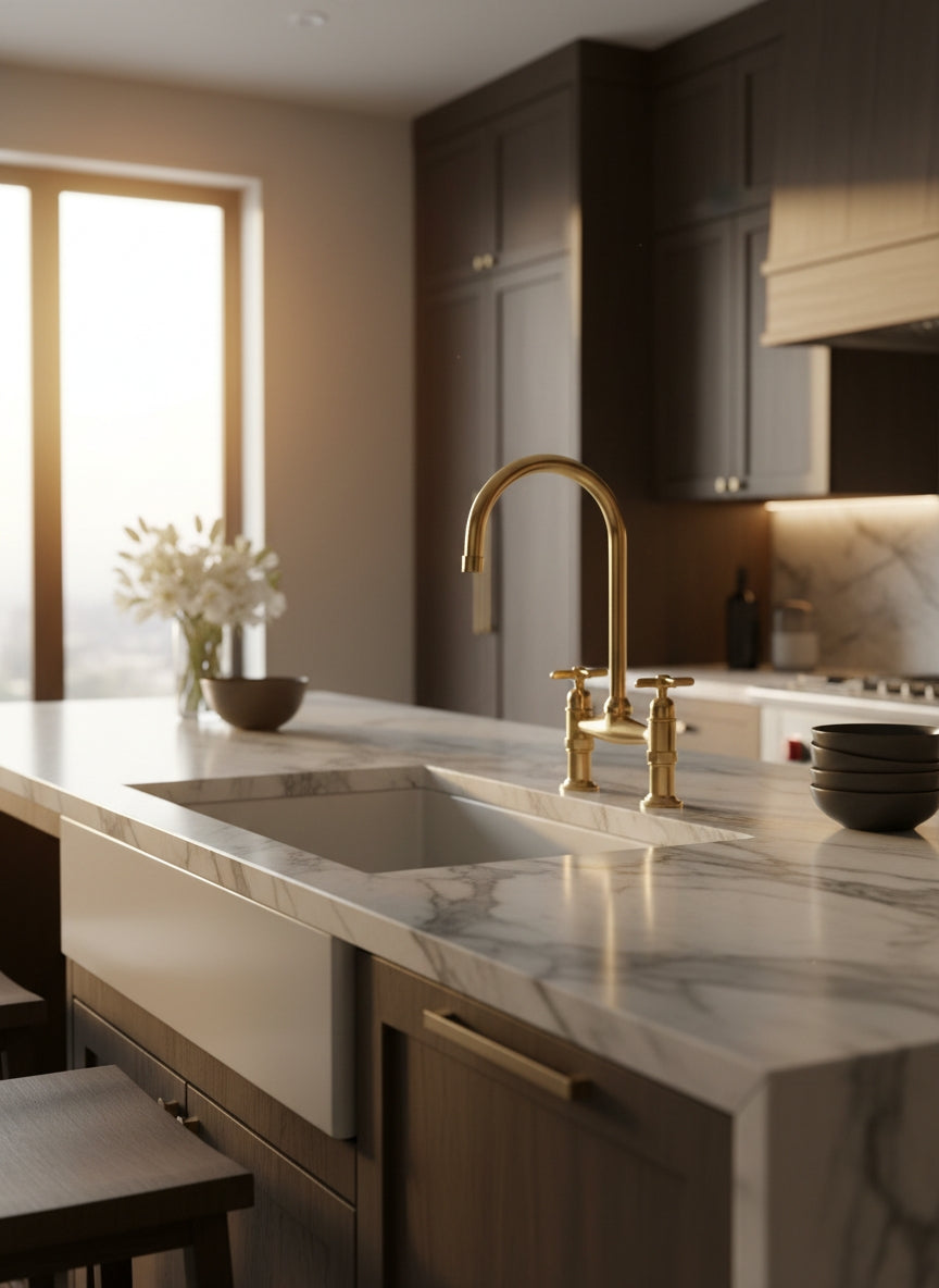 Polished unlacquered brass bridge kitchen faucet installed on a marble countertop with a white farmhouse sink in a contemporary kitchen.