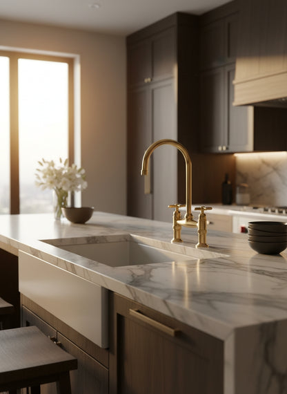 Polished unlacquered brass bridge kitchen faucet installed on a marble countertop with a white farmhouse sink in a contemporary kitchen.