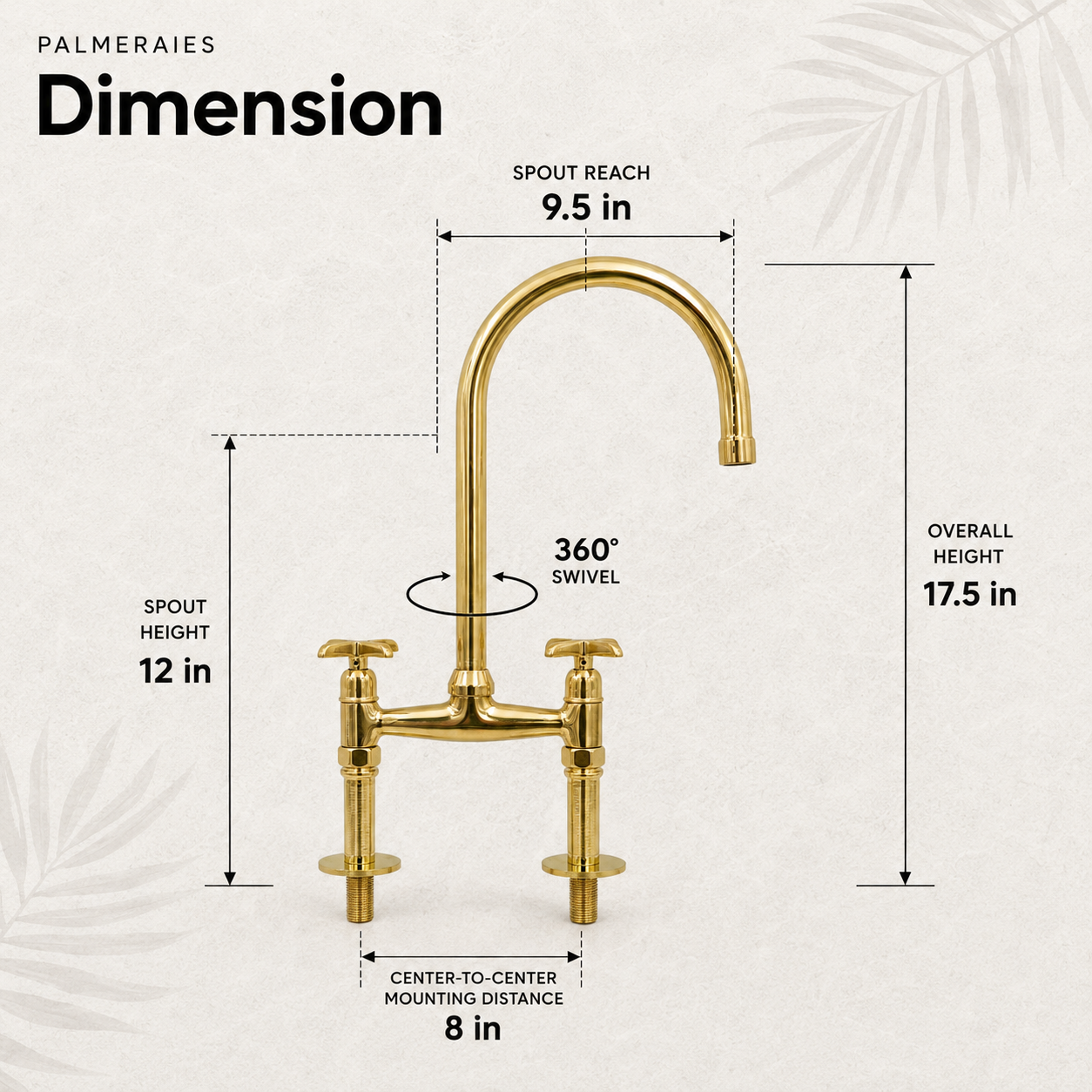 Dimension diagram of an 8-inch polished unlacquered brass bridge kitchen faucet showing 17.5-inch height, 12-inch spout height, 9.5-inch reach, 8-inch centers, and 360° swivel.