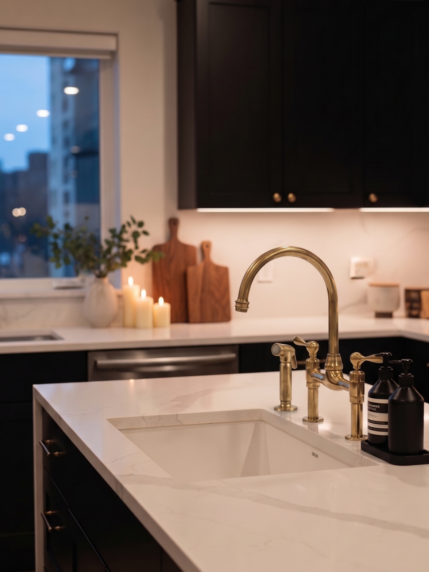 Vintage unlacquered brass bridge kitchen faucet with side sprayer installed on a white quartz countertop in a modern black kitchen at night.