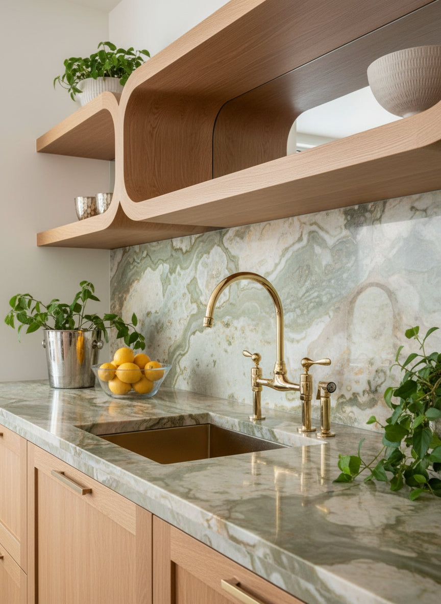 Vintage brass bridge faucet with side sprayer paired with a hammered brass sink and green marble countertop in a luxury kitchen.
