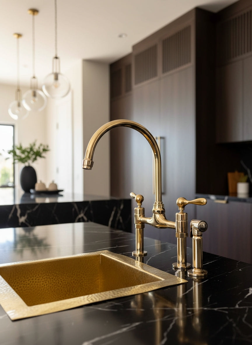 Unlacquered brass bridge kitchen faucet with side sprayer installed beside a hammered brass sink on a black marble countertop.