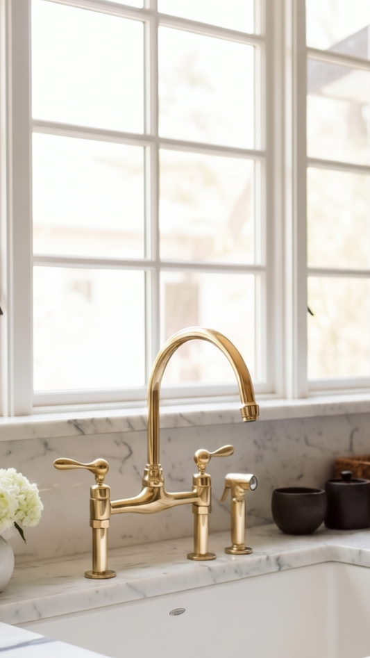 Vintage brass bridge faucet with side sprayer installed on a white marble countertop beneath large kitchen windows.