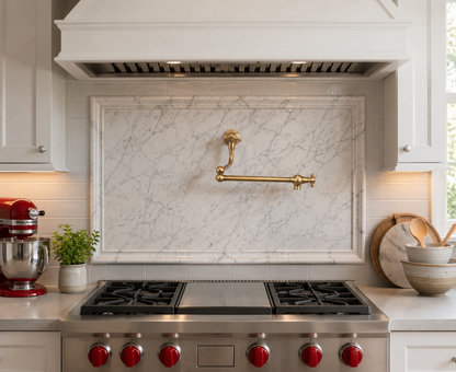 Luxury brass pot filler faucet mounted on a framed marble backsplash above a professional range.