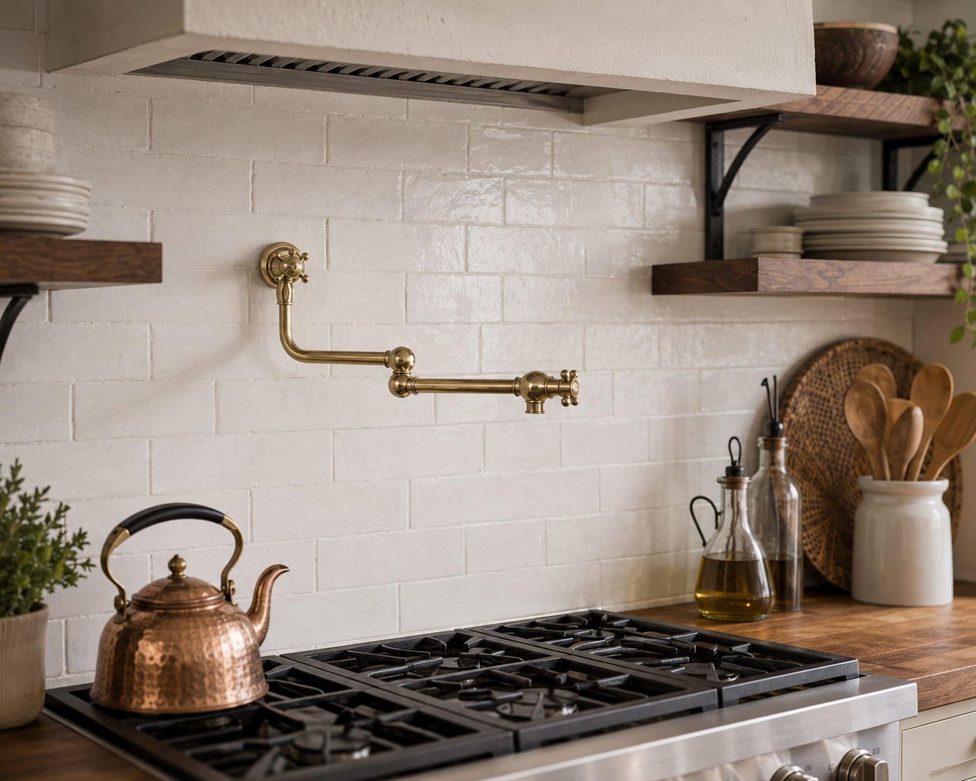 Solid brass wall mounted pot filler faucet installed above a professional gas range with white subway tile backsplash.
