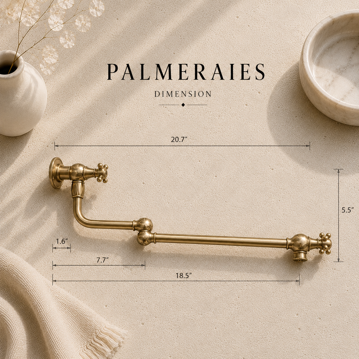 Dimension diagram of handcrafted solid brass wall mounted pot filler faucet showing overall reach and installation measurements.