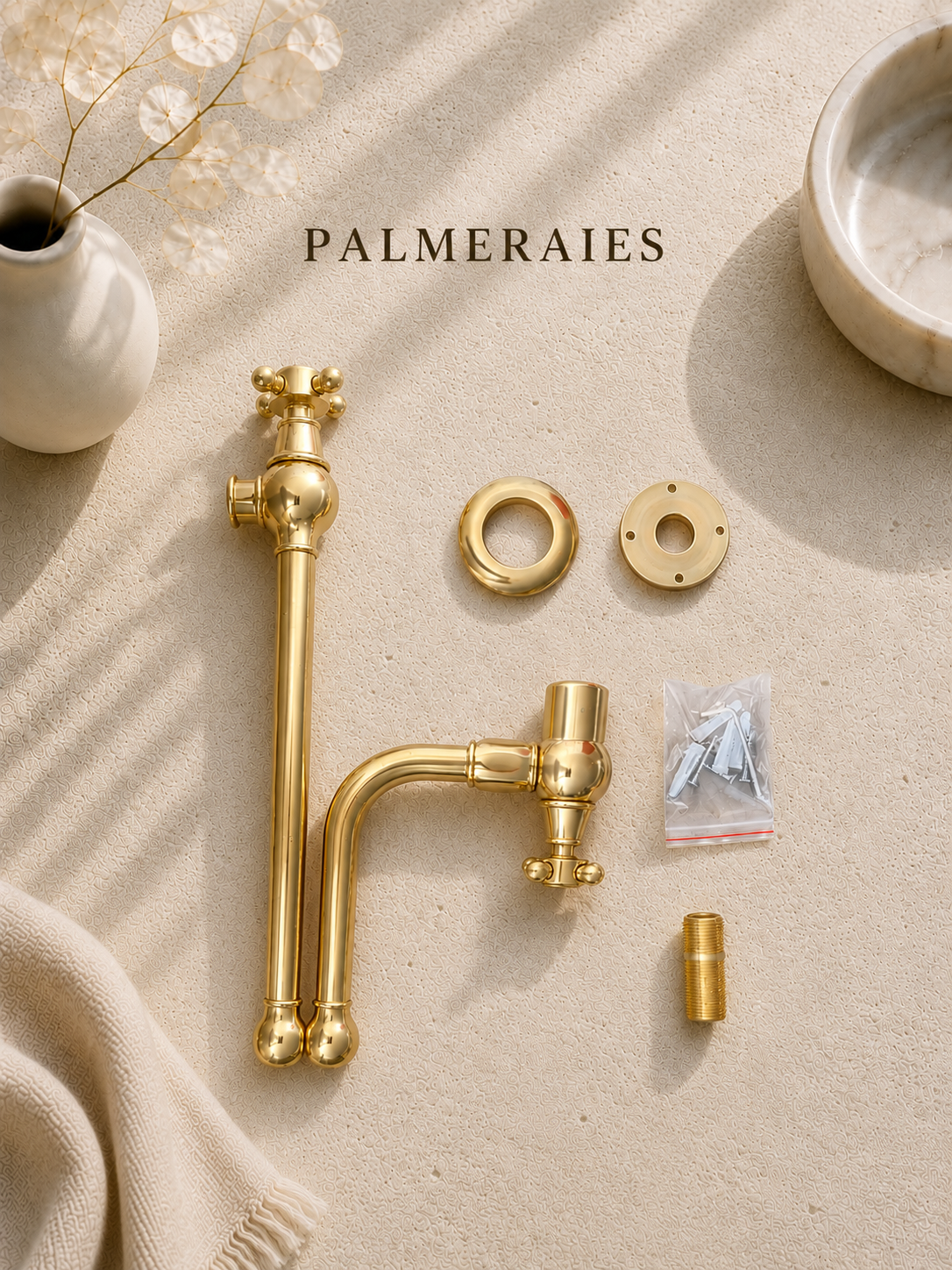 Package contents of solid brass wall mounted pot filler faucet with mounting hardware and installation accessories.