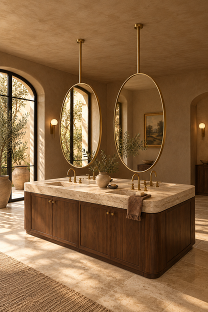 A luxury double-sink bathroom vanity with a dark wood cabinet, a light stone countertop, and two large oval mirrors with gold frames, set in a warm, sunlit room with textured plaster walls.