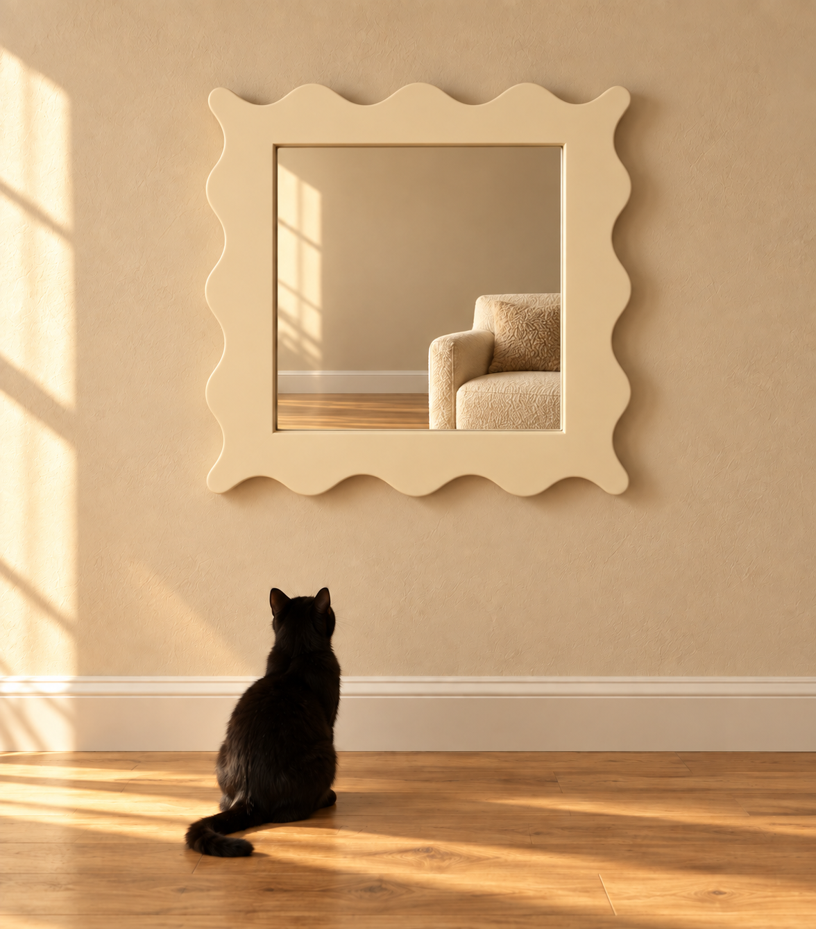 A black cat sits on a wooden floor looking up at a cream-colored scalloped wall mirror mounted on a beige wall. The mirror reflects a matching beige armchair, and warm sunlight streams across the room.