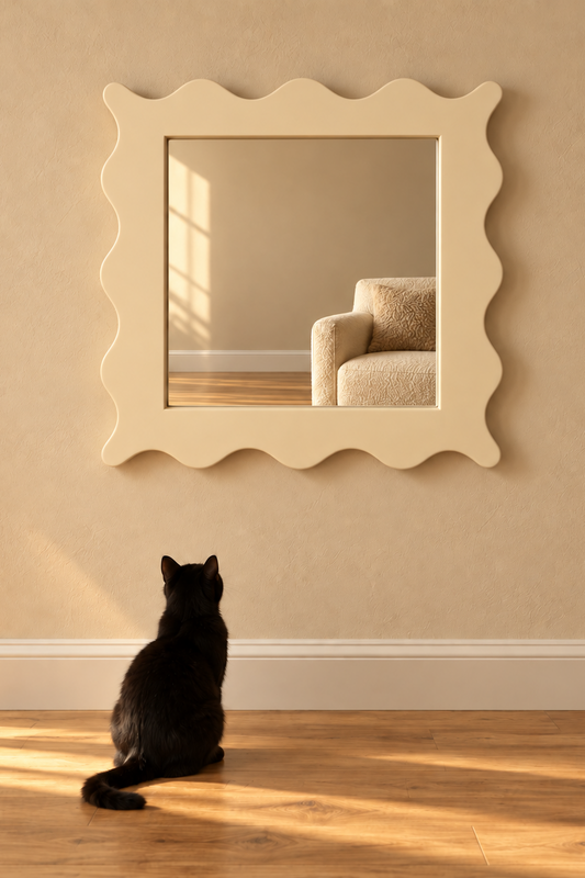 A black cat sits on a wooden floor looking up at a cream-colored scalloped wall mirror mounted on a beige wall. The mirror reflects a matching beige armchair, and warm sunlight streams across the room.