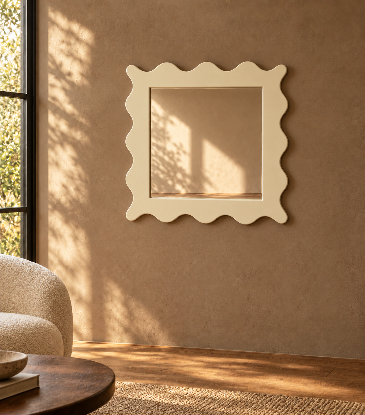 A square wall mirror with a scalloped cream-colored frame hangs on a textured brown wall in a sunlit room with a chair and table partially visible.