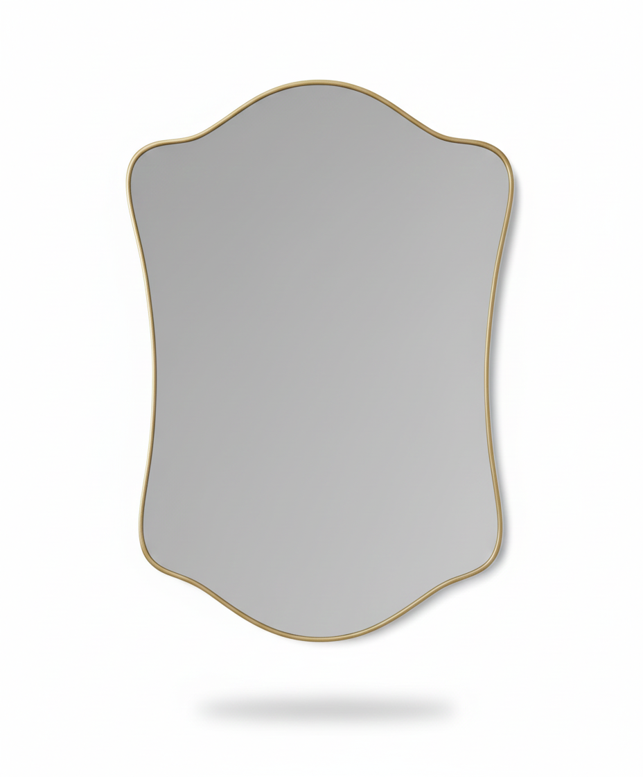 Wavy shield brass mirror on white background on white background
