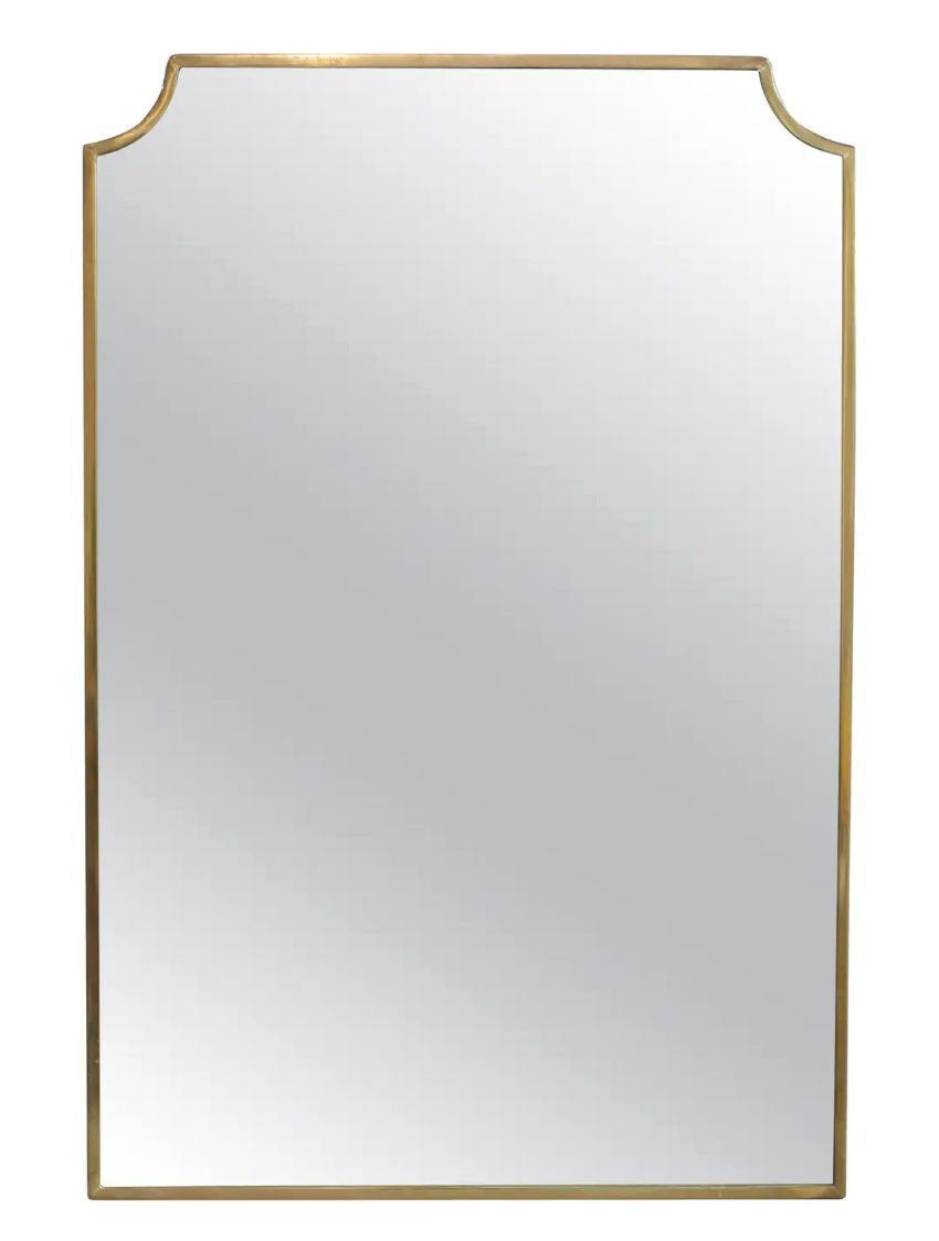 Close-up of modern chateau rectangle mirror with crested brass frame