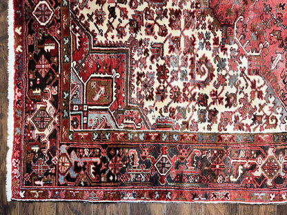 Large Persian Heriz Rug 10x13, Red and Cream Geometric Tribal Room Sized Handmade Wool Hand Knotted Semi Antique Decorative Oriental Carpet