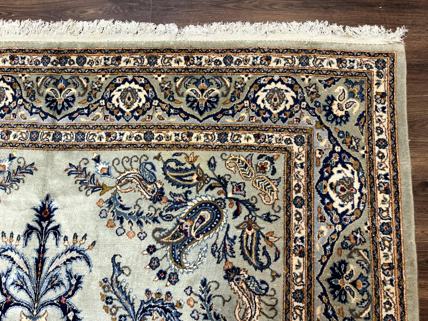 Persian Kashan Rug 7x10 Handmade Wool Light Green Blue Vintage Carpet